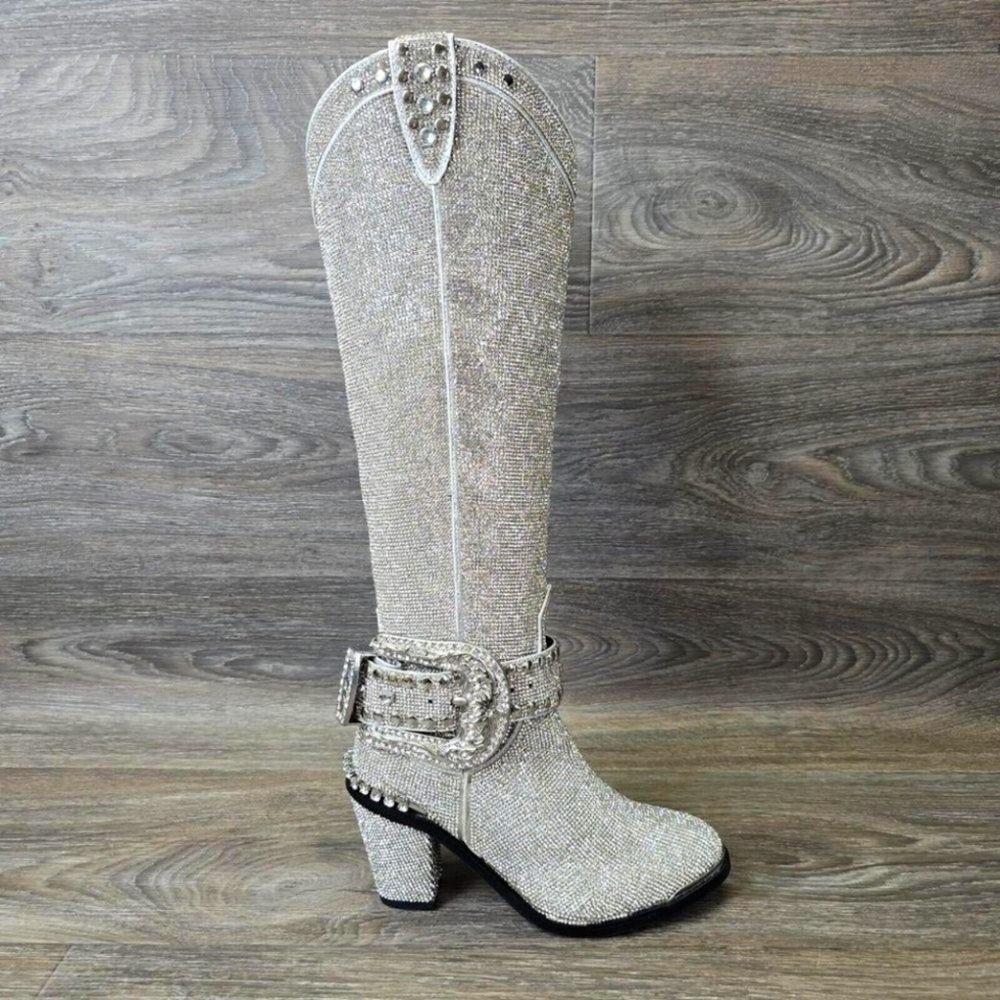 Club exx sheriff shine size 5 knee high boots silver sparkle dressy with buckle